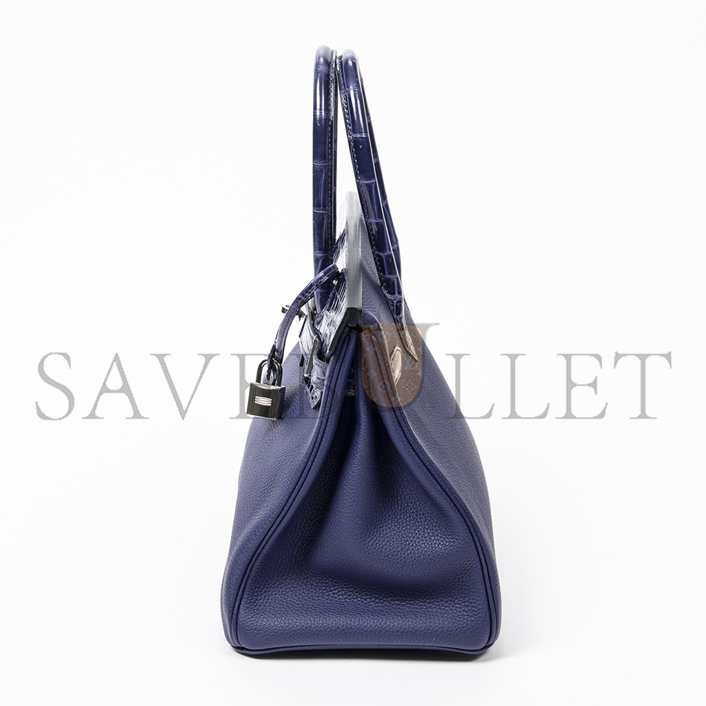 H**mes master birkin 25 crocodile and togo leather storm blue silver buckle h076216ck23 (25*20*13cm)